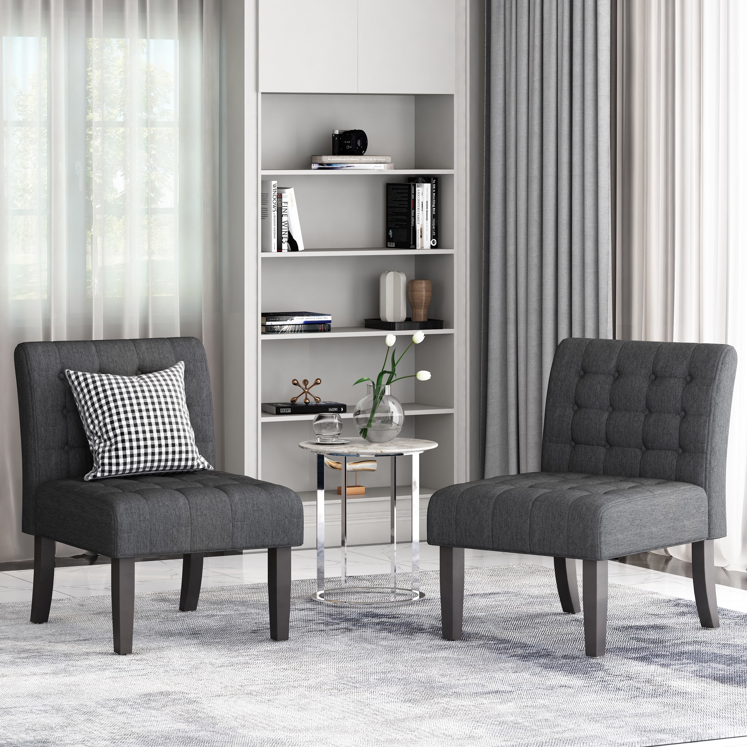 Noble House Loverin Fabric Tufted Slipper Chairs, Set of 2, Charcoal and Matte Black