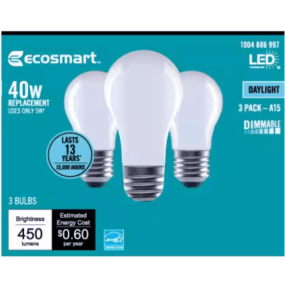 Ecosmart A15 40W Daylight Light Bulbs, 3 Pack