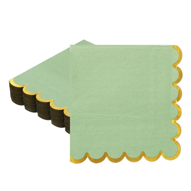 Uxcell 50 Pcs Servilletas de cóctel con borde ondulado y dorado, servilletas de papel desechables de 5 x 5 pulgadas para decoración de mesa de fiesta de compromiso, boda y aniversario, verde pálido