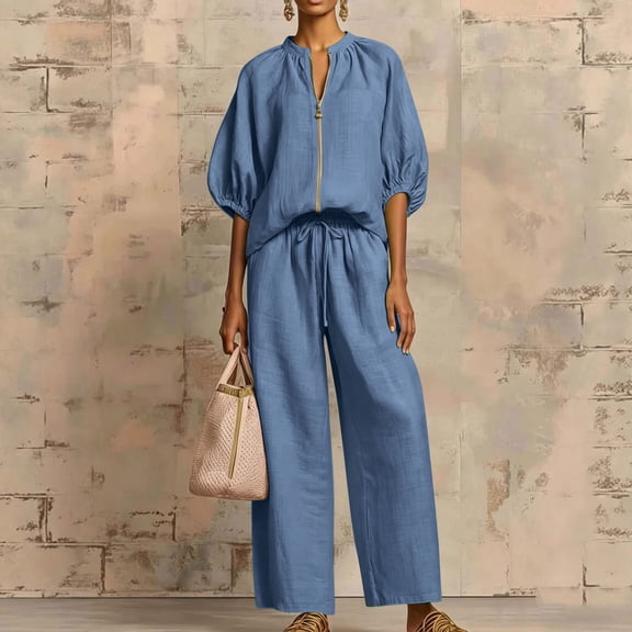 Zynoxe Two Piece Sets for Women With Pockets Trendy Zipper V Neck Puff Sleeve Top Elastic Waist Drawstring Wide Leg Pants Set Soft Breathable Lounge Set Versatile Solid Color Vacation Outfits S