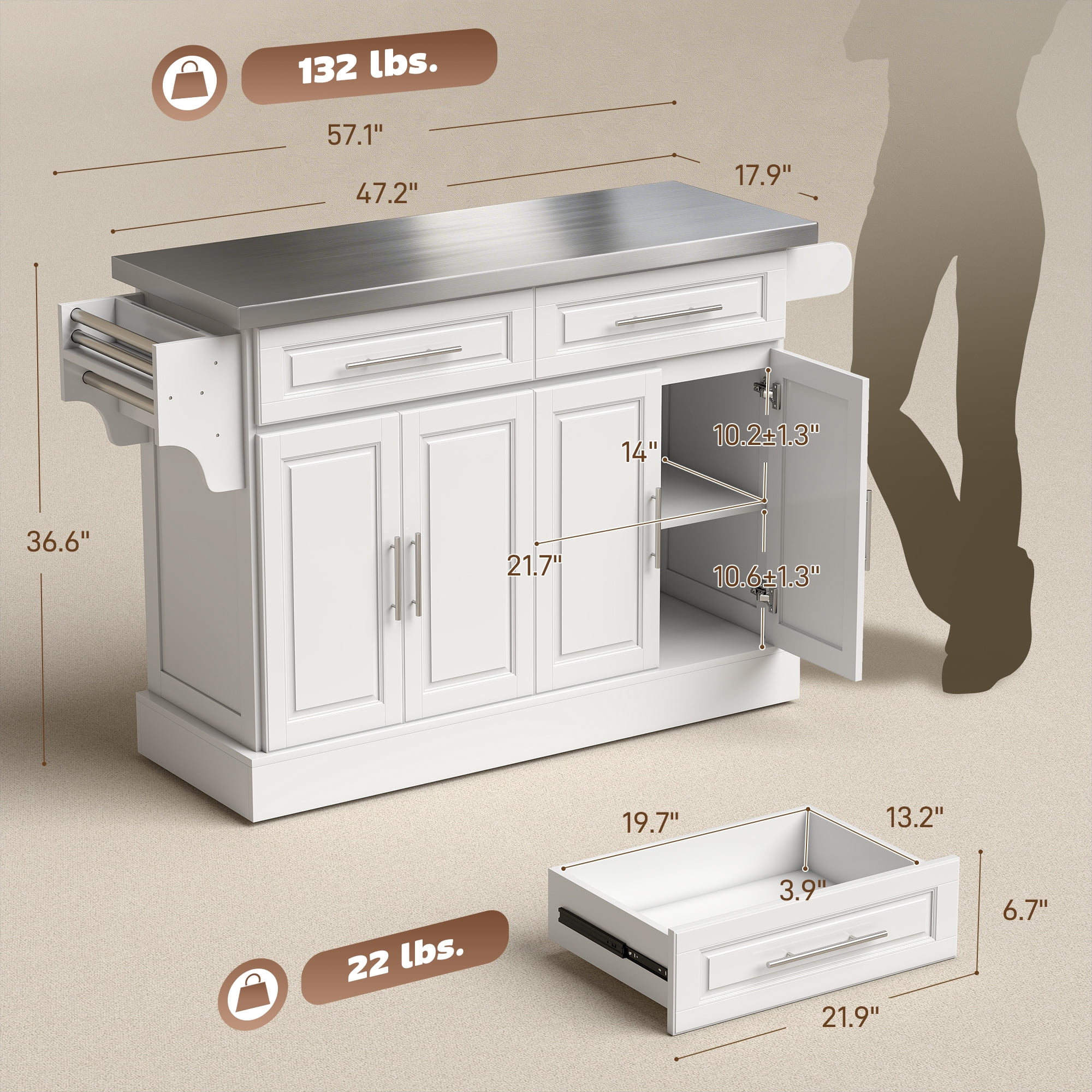 HOMCOM Rolling Kitchen Island Cart with Cabinets and Drawers, White