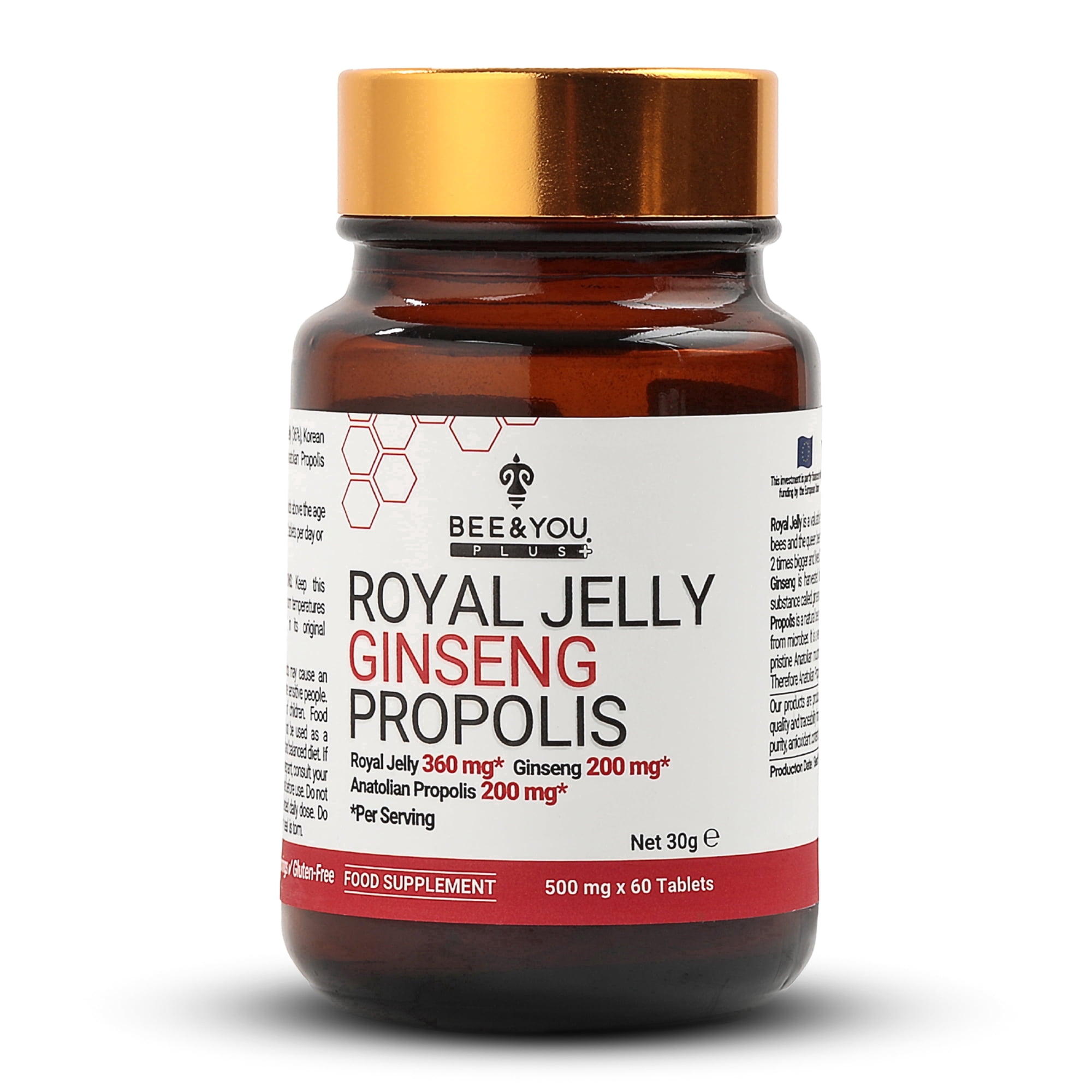 BEE & YOU Royal Jelly Ginseng Propolis Extract 500mg, 60ct, Antibacterial, Antioxidants, Cognitive, Gluten-Free