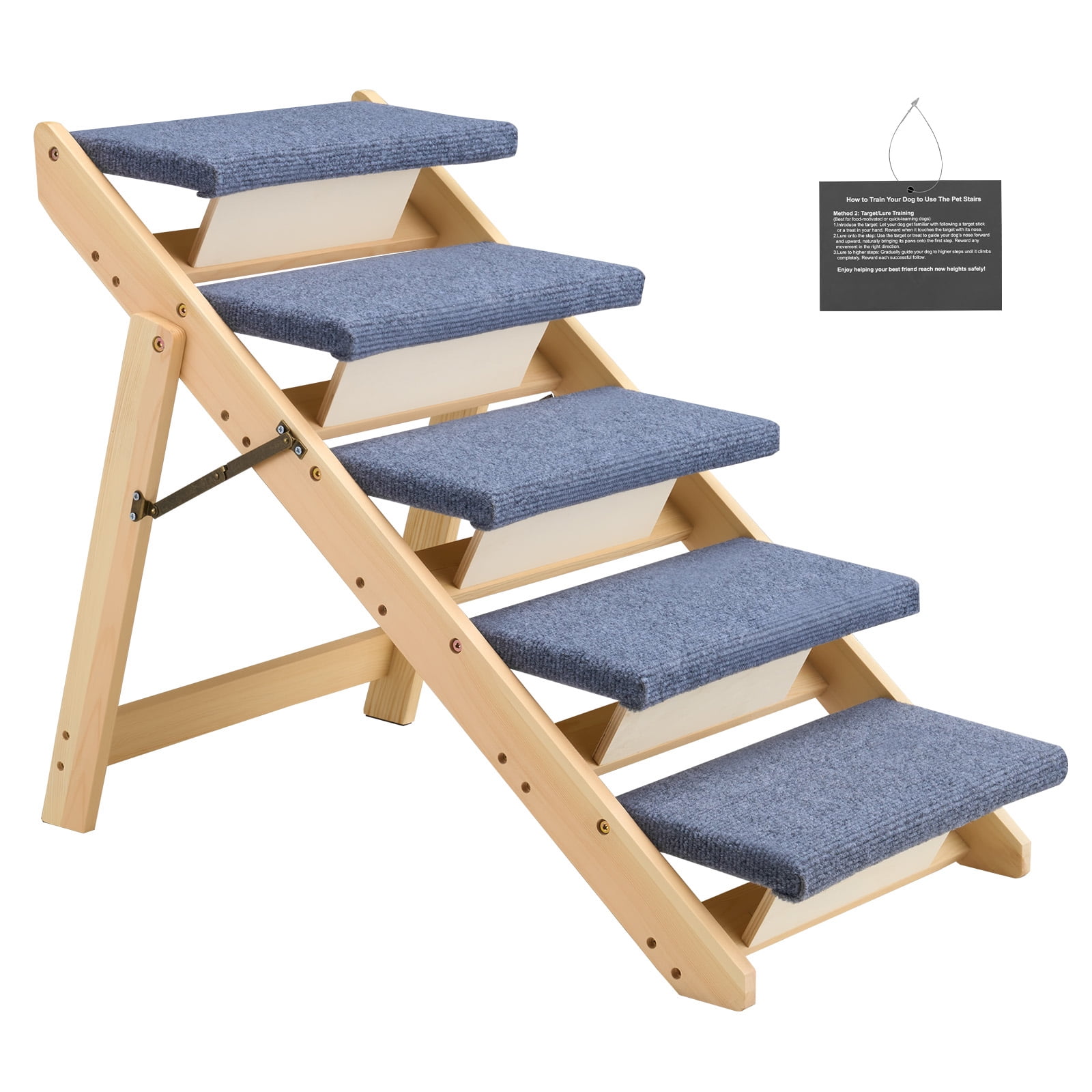 KFFKFF Wooden 5-Step Pet Stairs, Foldable Dog Steps for Beds, Sofas, and Cars, 110lbs Capacity, Durable and Stable Design for Small to Large Pets