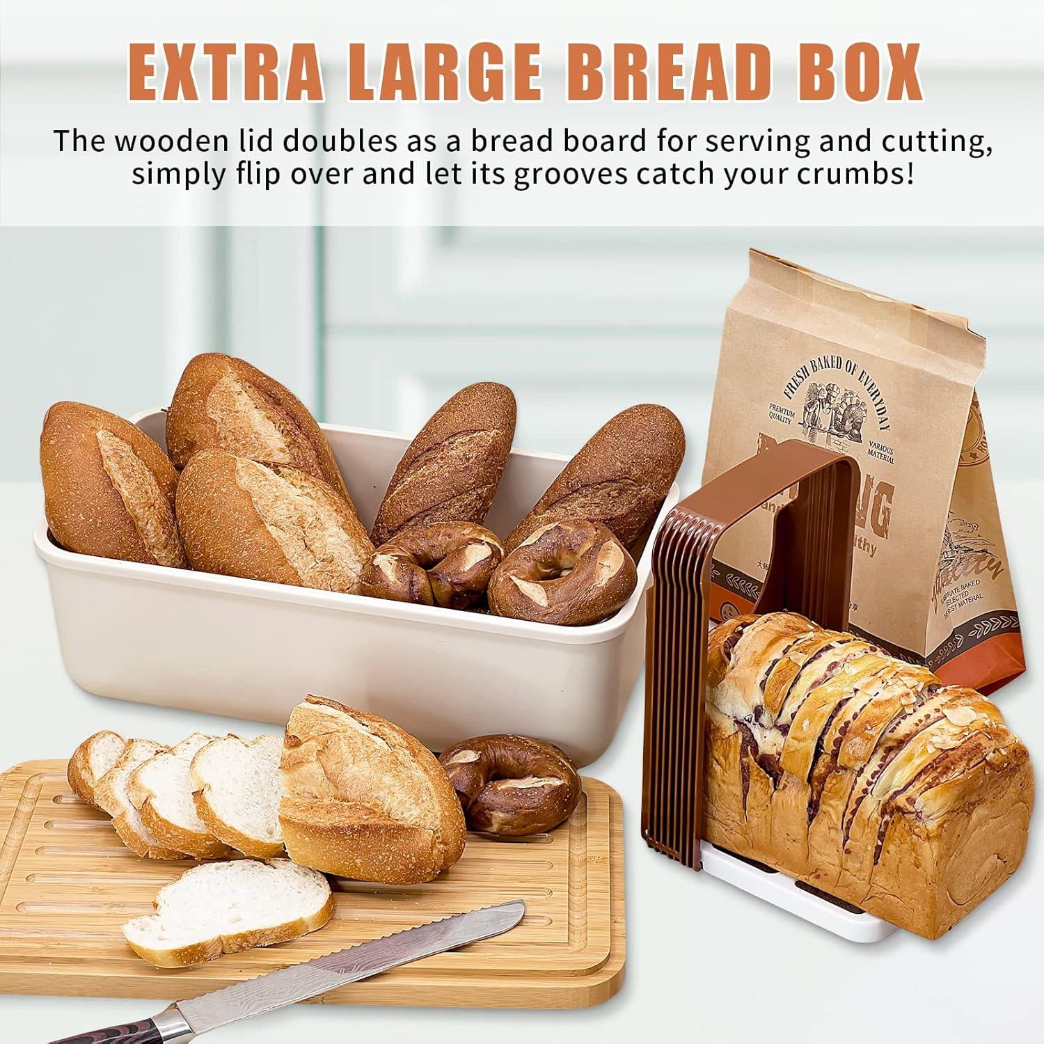 Bread Box With Bamboo Wood Cutting Board Lid & Bread Slicer Holder, Rectangular Cream Color Bread Container For Kitchen Countertop, 14.8 x 8.4 x 5.3in, Bread Storage Container