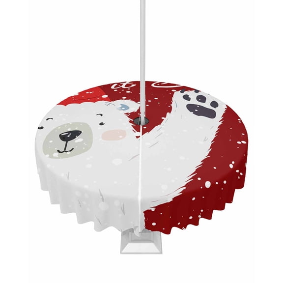 Boanket Outdoor Tablecloth with Umbrella Hole for Patio/Picnic/Party/Camping, Red Bear Christmas Waterproof Table Cloth Round Cover Washable, Xmas Snowflake Winter (Dia 54")