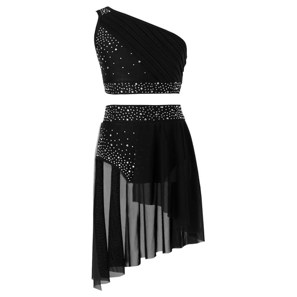 YiZYiF Kids Girls Lyrical Ballet Dance Outfits Shiny Rhinestones Crop Top with Skirts 2 Piece Set Black 8