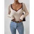 thumbnail image 2 of Women'S Sweetheart Neck Long Sleeve T Shirt Rib Knitted Contrast Binding Tee Tops  L, 2 of 6