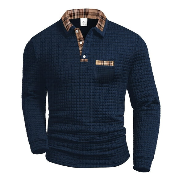 Ketyyh-chn99 Long Sleeve Polo Shirts for Men Knit Polo Men's Long Sleeved Casual Solid Color Plaid Pocket Lapel Long Sleeved Shirt Size for 3XL,Navy
