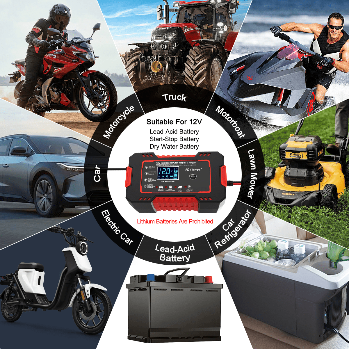 Automatic Battery Charger, 12V/6Amp Battery Maintainer, GPED Smart Car Trickle Charger with Temperature Compensation Auto Stop for Car Truck Motorcycle Lawn Mower Boat Marine Lead Acid Batteries,Red