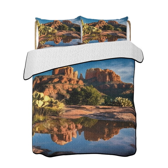 Twin XL Quilt Bedding Set, Mountains Reversible Summer Quilt 3 Pieces, Nature Red Stone Sky Blue Landscape Lightweight Bedspreads Coverlets with 2 Pillow Shams for All Seasons