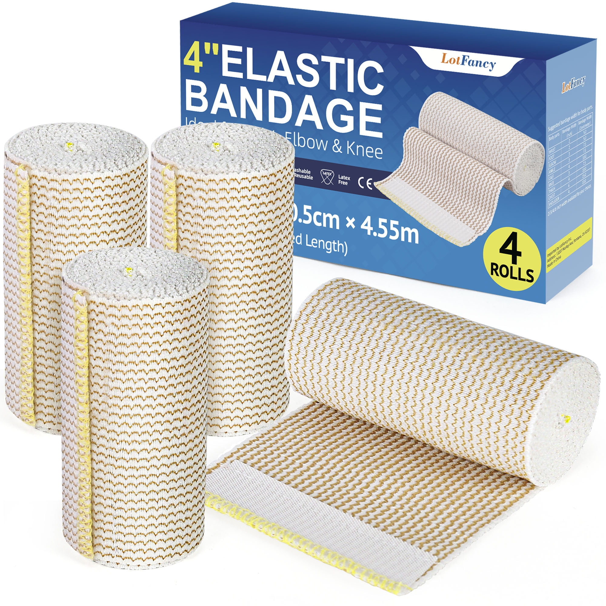 LotFancy 4Pcs Cotton Elastic Bandage Wrap, Cotton Compression Bandages (4 in x 15 Feet)