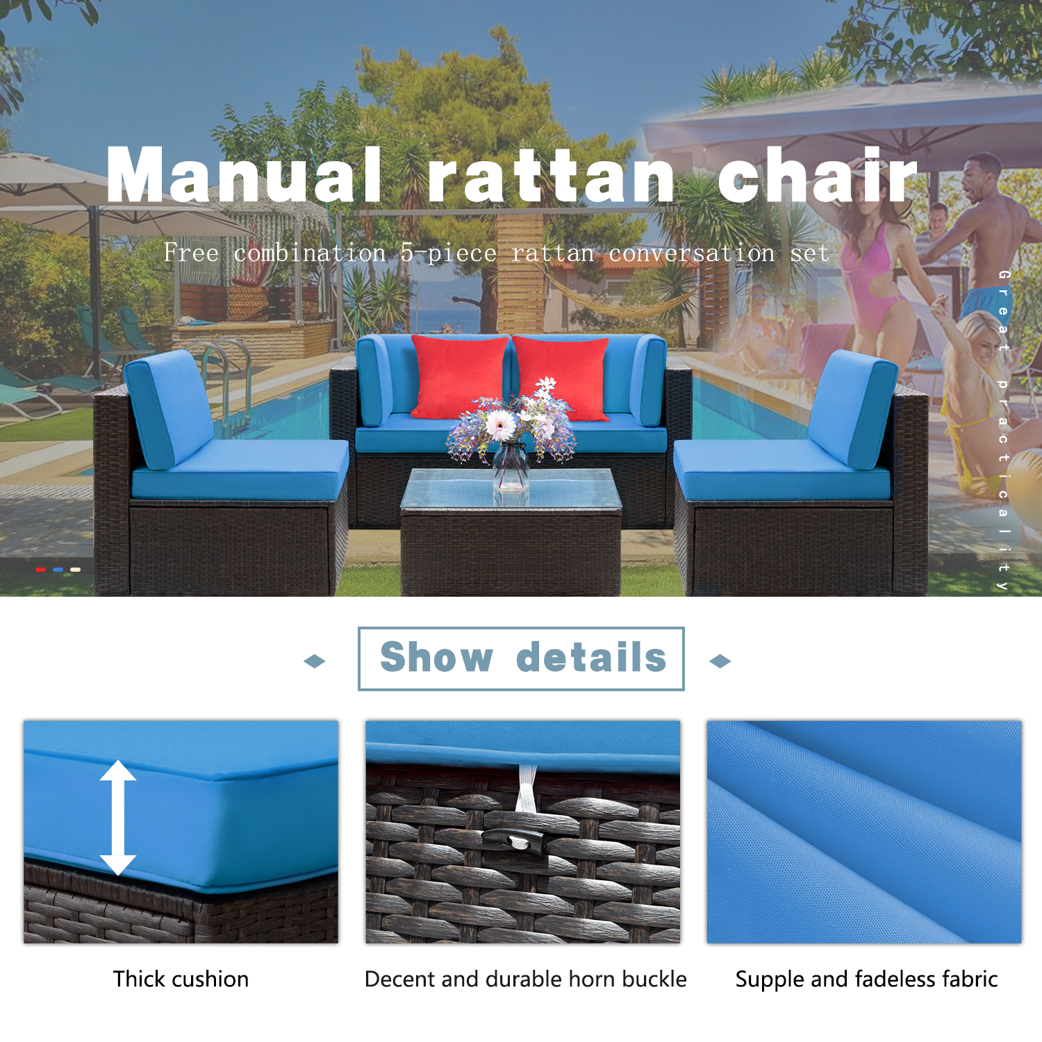 Lacoo 5 Pieces Patio Sectional Sofa Set All-Weather Wicker Rattan Conversation Sets with Glass Table, Blue - image 3 of 7
