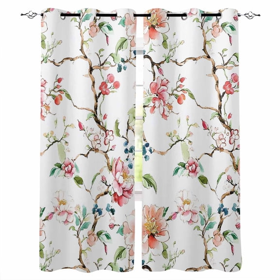 Fsddascl Pink Green Botanical Blackout Curtains for Bedroom/Living Room, Thermal Insulated Kitchen Curtains, Summer Watercolor Branch Flower Grommet Darkening Window Treatment Drapes 52"x84"x2
