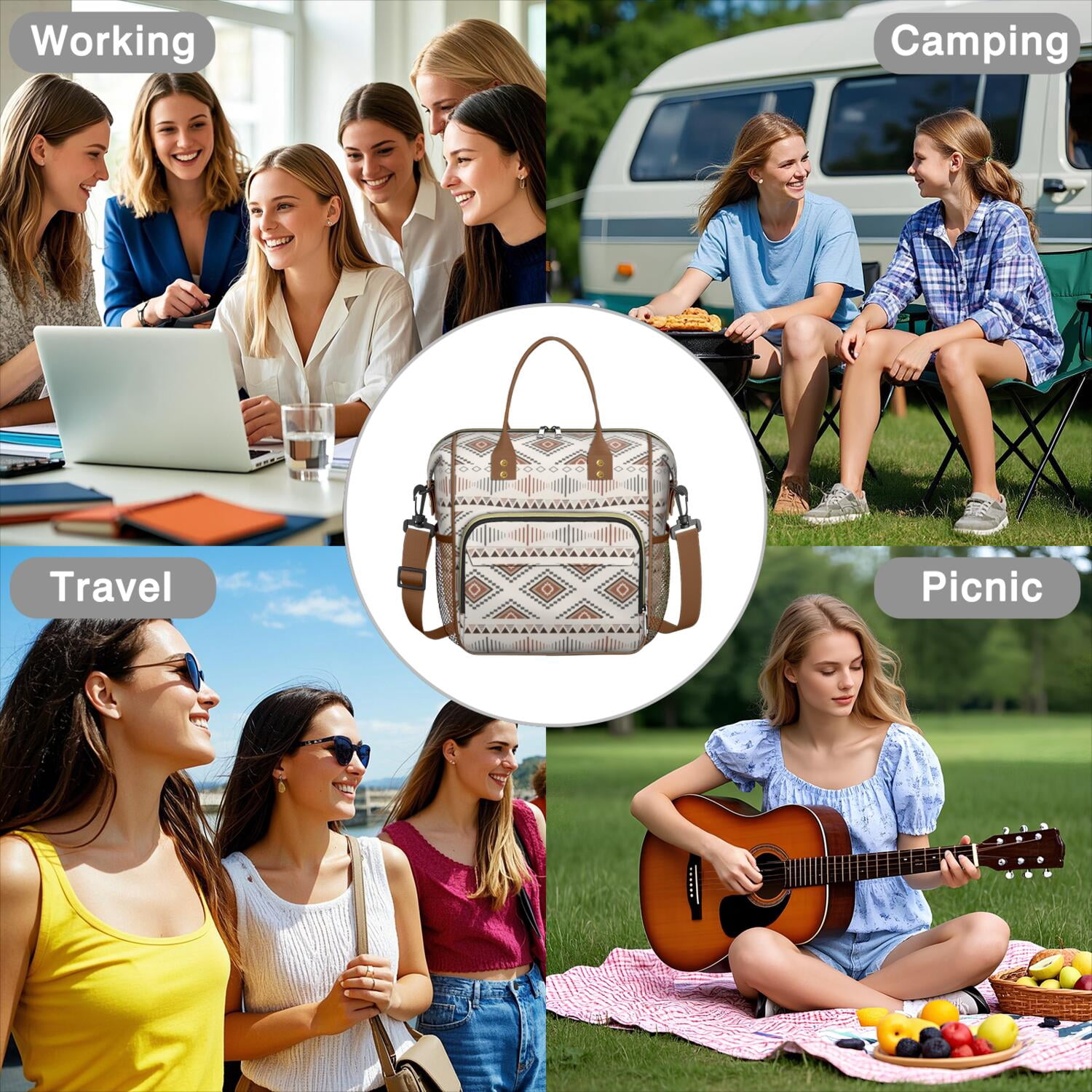 Bohemian Reusable Lunch Tote for Women, Insulated Large Cooler Bag with Retro Style, Dual Compartments & Shoulder Strap for Office, Travel or Gifts
