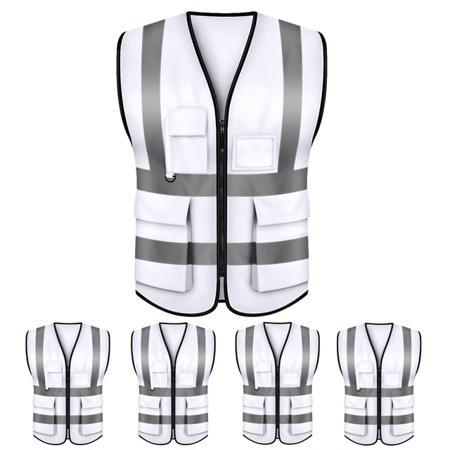 TOPTIE 5 Packs White Safety Vest, Incident Command Vest with 5 Pockets and High Visibility 2" Reflective Strips-White-2XL