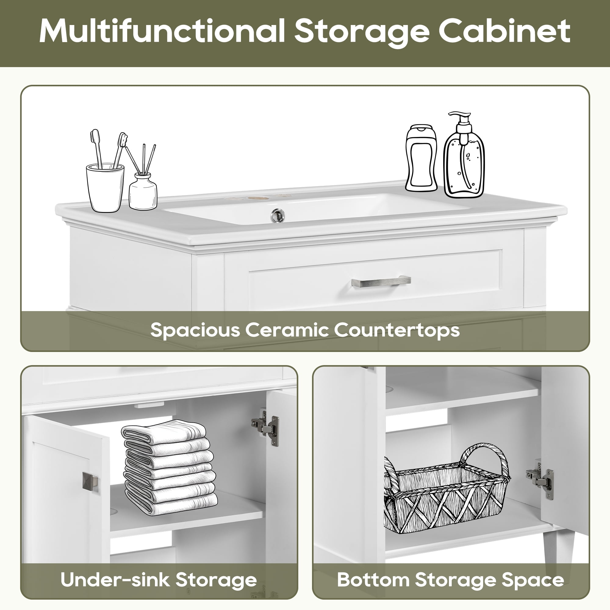 Euroco 30-inch bathroom vanity with ceramic basin, soft close door and adjustable shelves
