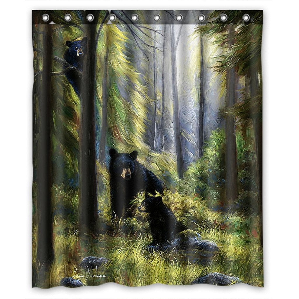 GCKG Black Bear Family In The Forest Bathroom Shower Curtain, Shower
