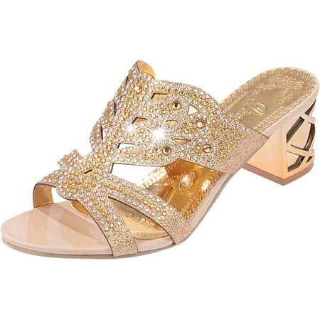 Plus Size Sandals for Women Mid Heel Buckle Sandals Ankle Strap Rhinestone Outdoor Sandals Shoes