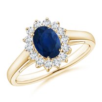 ANGARA Natural Princess Diana Inspired Blue Sapphire Ring with Diamond in 14K Yellow Gold for Women (Size-7x5mm) | September Birthstone, Anniversary, Jewelry Gift for Women | Natural Sapphire Ring