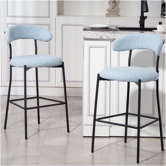 JERFIT Modern Teddy Fabric Bar Stools Set of 2, 26 Inch Counter Height Kitchen Island Stools with Footrest, Soft Blue Upholstered Stool Chairs for Home, Cafe, Office