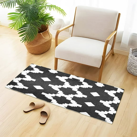 Black and White Abstract Pattern Plush Carpet Non Slip Runner Rug Absorbent Bath Mat 39" x 20"