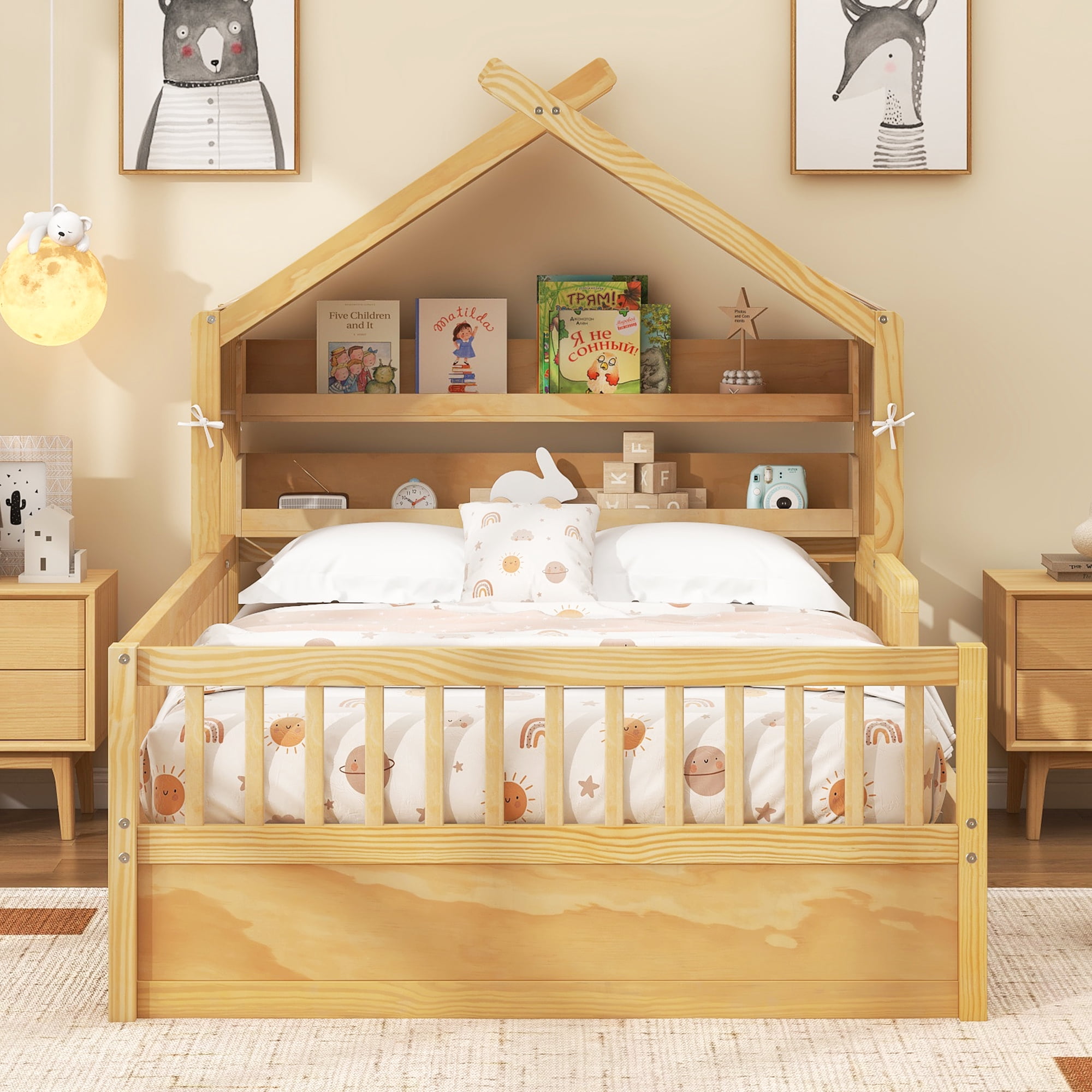 Euroco Wood Full Size Platform Bed with Storage Headboard and Canopy, Natural