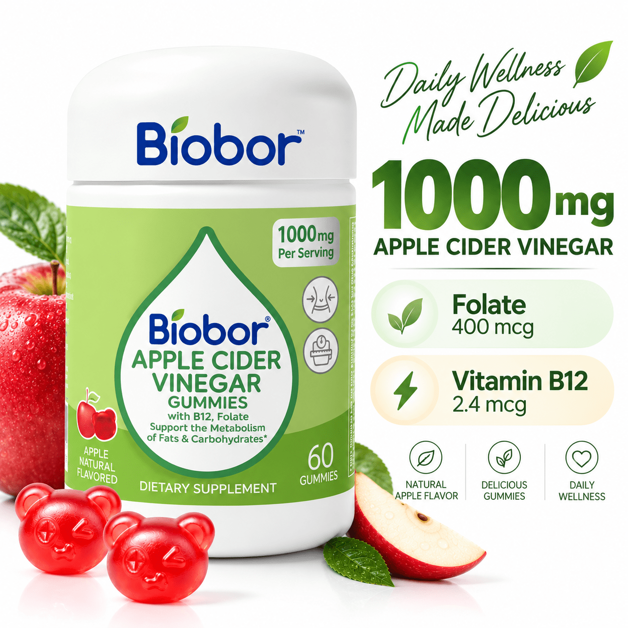 Biobor Apple Cider Vinegar Gummies, 1000mg ACV with 400mg Folate & Vitamin B12, No Sugar Added, 60 Count