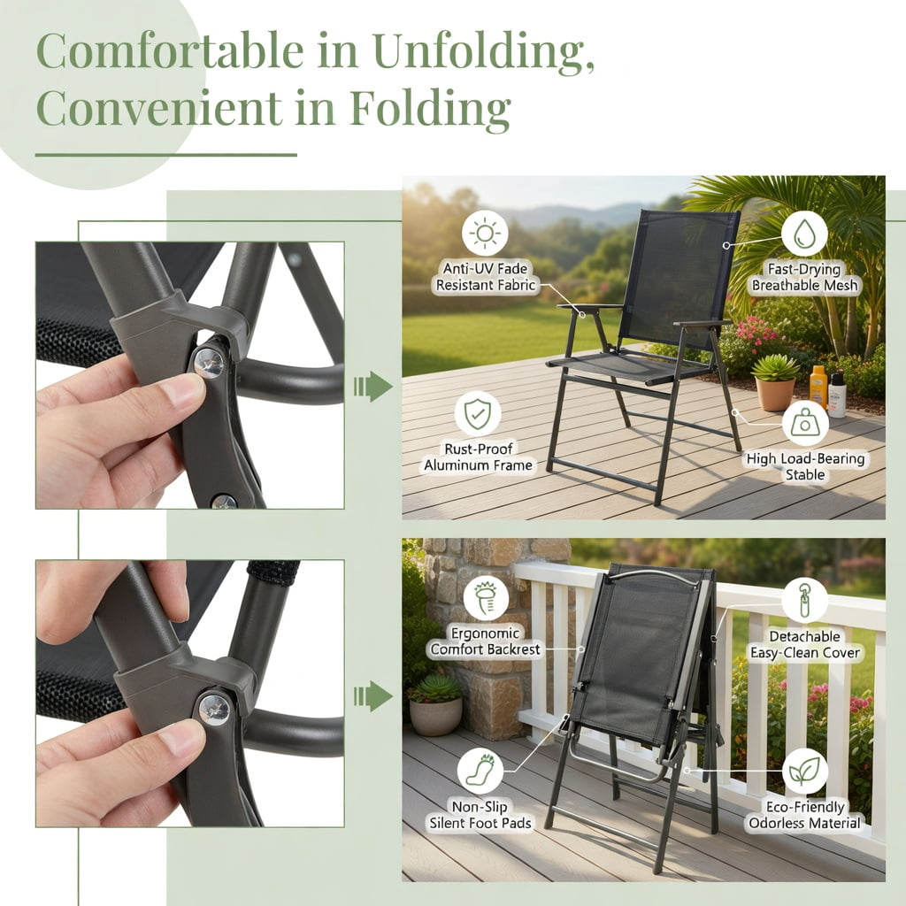Hommoo 2-Pack Foldable Patio Chairs with Armrests, Heavy-Duty Metal Outdoor Chairs for Deck, Garden, Backyard & Camping, Black