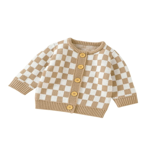 Infant Baby Boy Girl Autumn Winter Sweater Checkerboard Pattern Long Sleeve Round Neck Pullover Button-Down Knitwear Cardigan