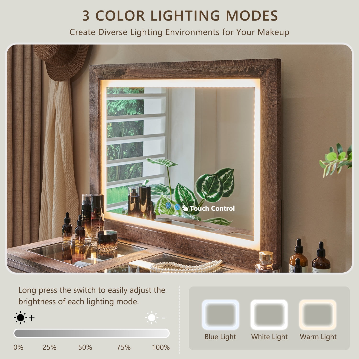 Farmhouse Vanity Desk with Glass Top, Corner Makeup Vanity Set with 30" HD Led Mirror and 3 Color Available Lights, 9 Storage Drawers, Wood Vanity Table for Bedroom