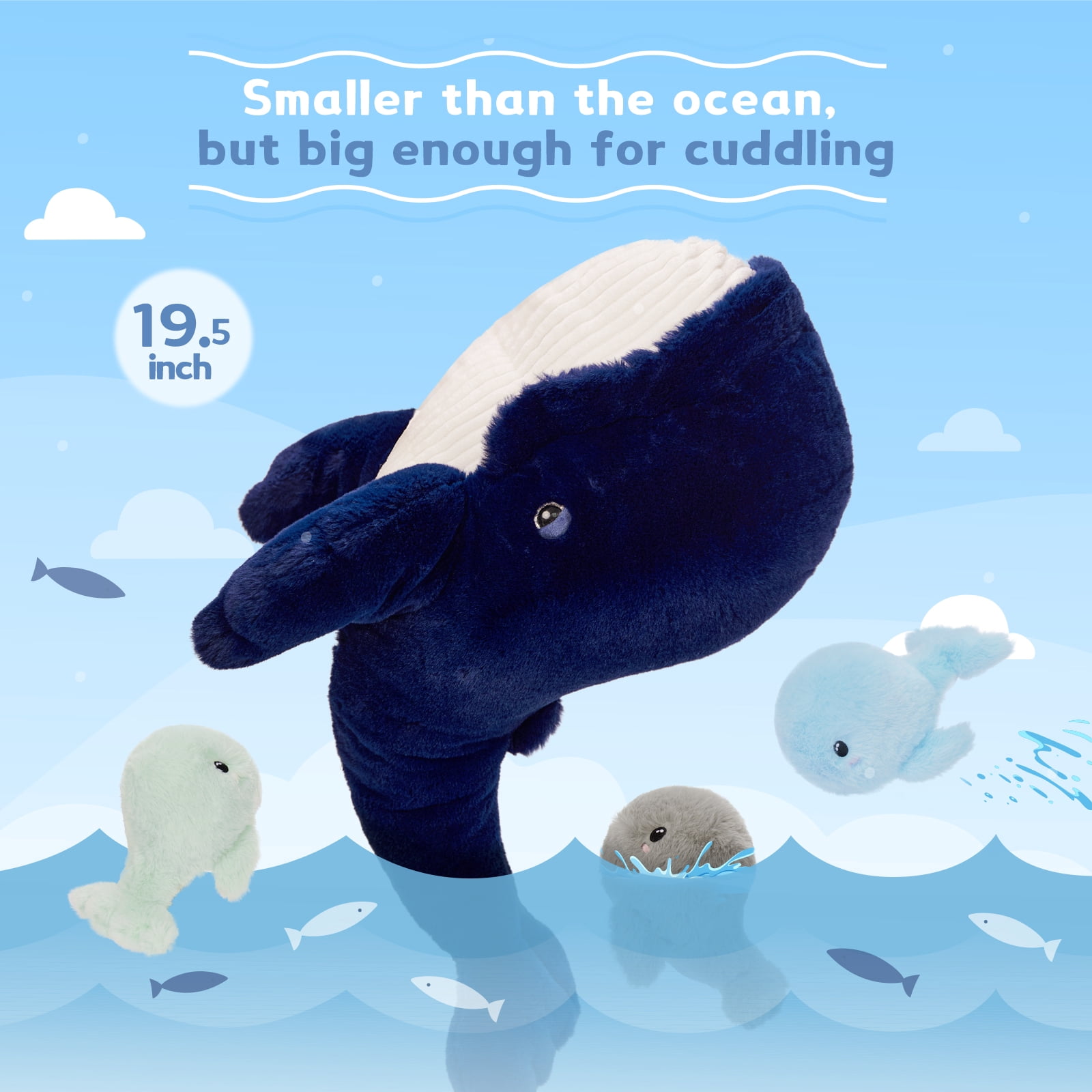 MaoGoLan 4pcs Blue Whale Stuffed Animals 19'' Giant Whale With 3 Whale Babies Plush Toy