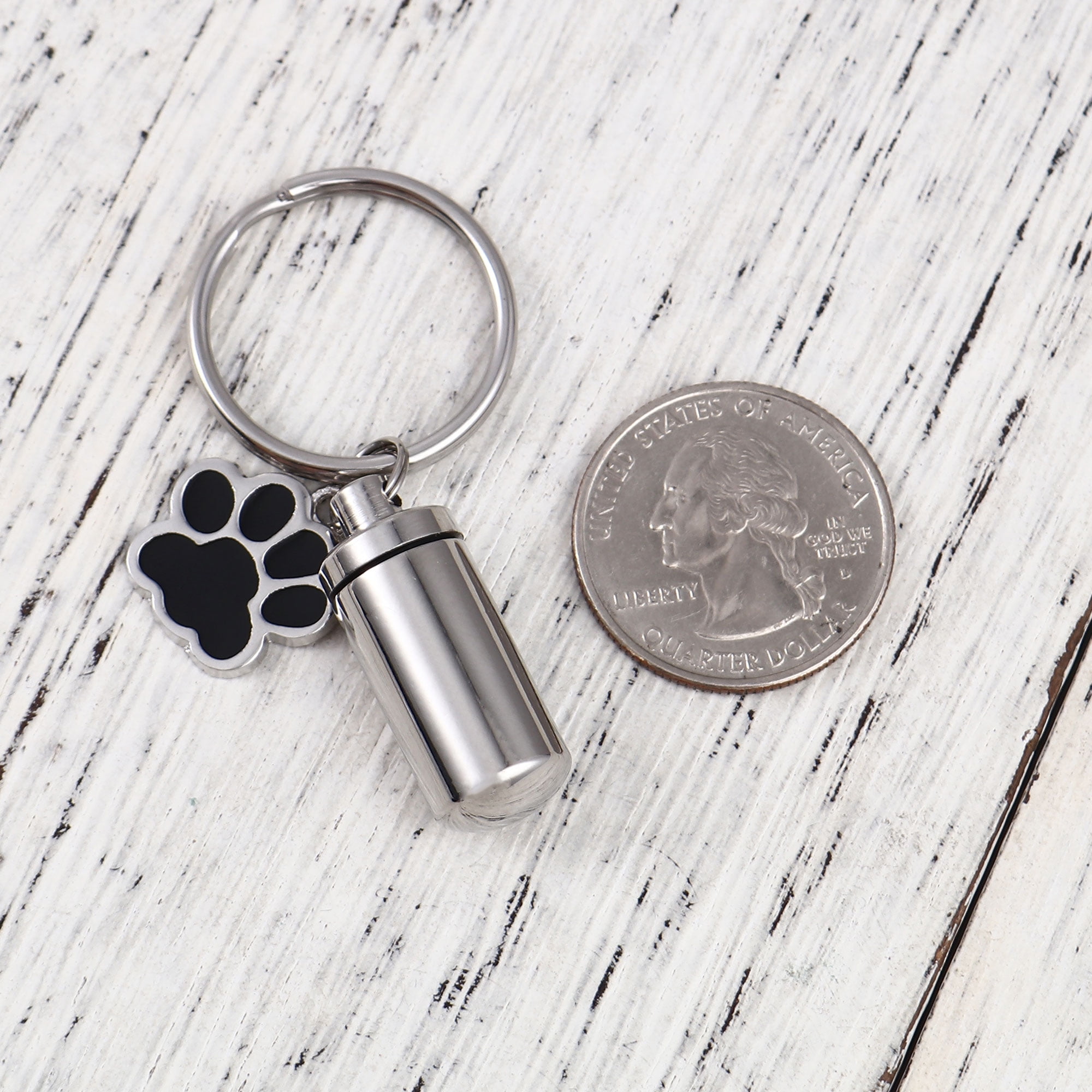 Waterproof Stainless Steel Silver Pet Cremation Urn Cylinder Bottle Black Paw Print Charm Keychain Memorial Ash Keepsake Cremation Jewelry Key Ring with Free Funnel Kit and Velvet Jewelry Box