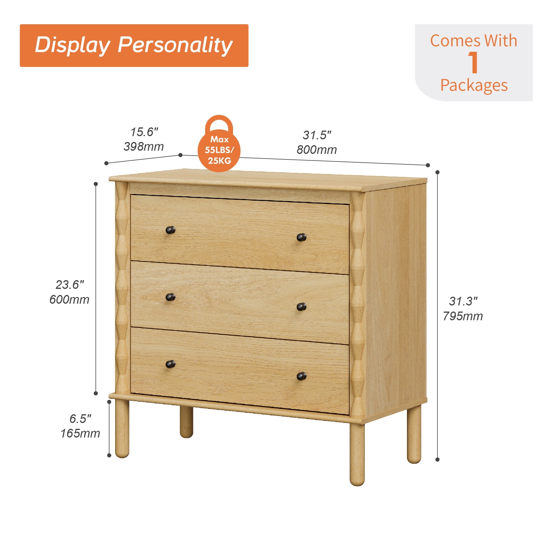 WAMPAT Nightstand with 3 Drawer，Solid Wood & Hand‑Carved Design Bedside Table for Bedroom,Oak