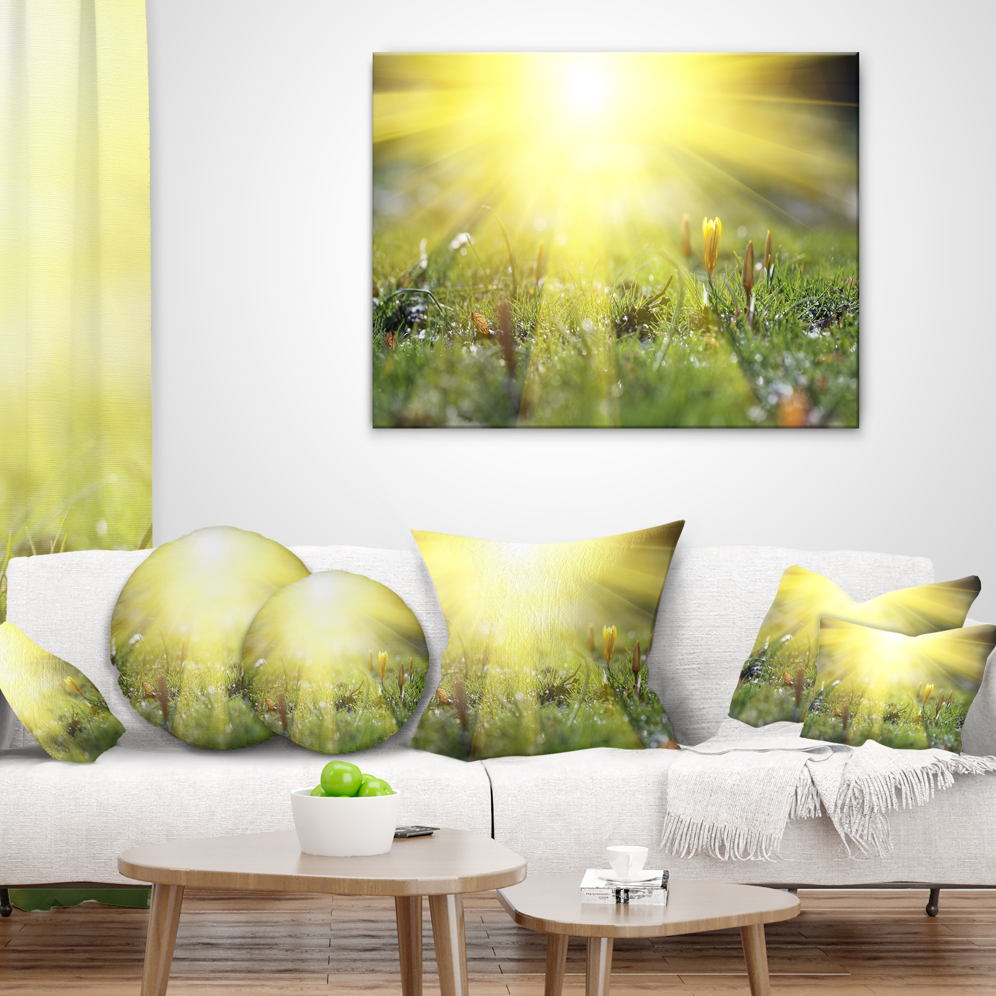 Designart Bright Sunset Above Spring Flowers - Landscape Printed Throw Pillow - 16x16