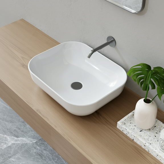 SOTOMO MJ-6128 White Vessel Sink for Bathroom, Modern Soft Rectangular Sink, 16"D x 19.87"W x 5.5"H Ceramic Countertop Sink