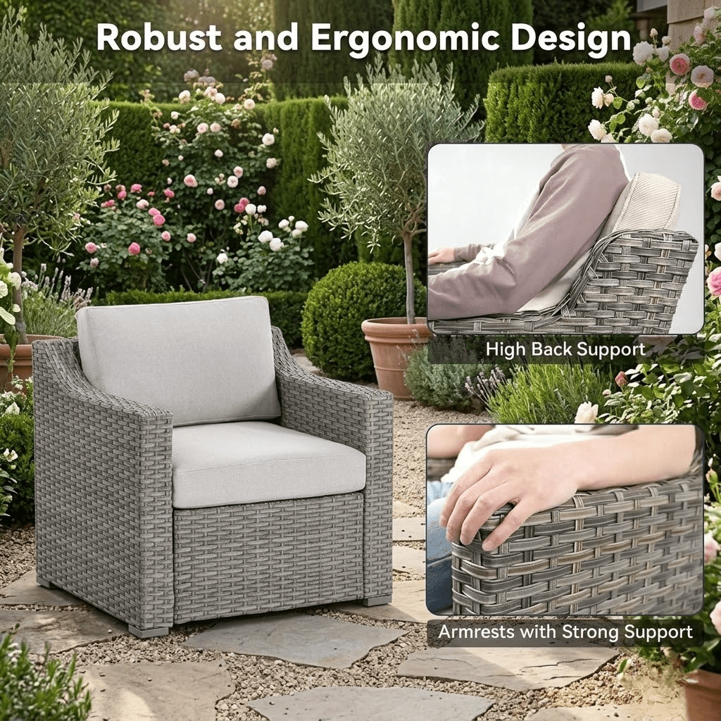 Howcool Outdoor Sectional Sofa, Patio Conversation Set, Outdoor Furniture with Two Single Chairs, Wicker Rattan All-Weather Seating Set for Garden Backyard Porch Balcony, Grey