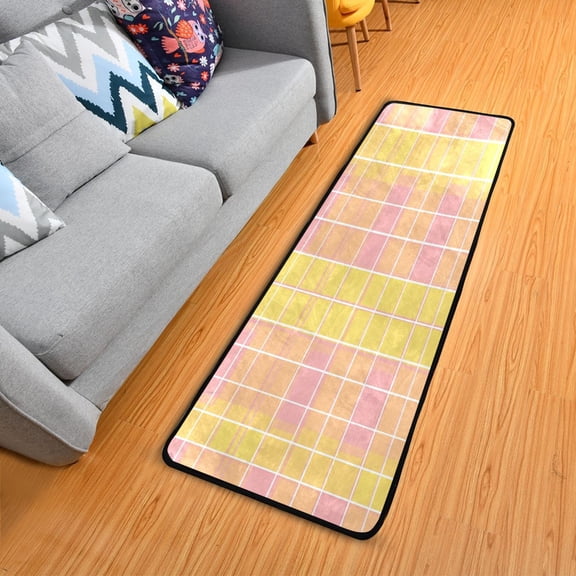 Yellow and Pinkish Plaids Long Floor Mat Runner Rug Area Rug Carpet Water Absorbent Non-Slip 72" x 24"