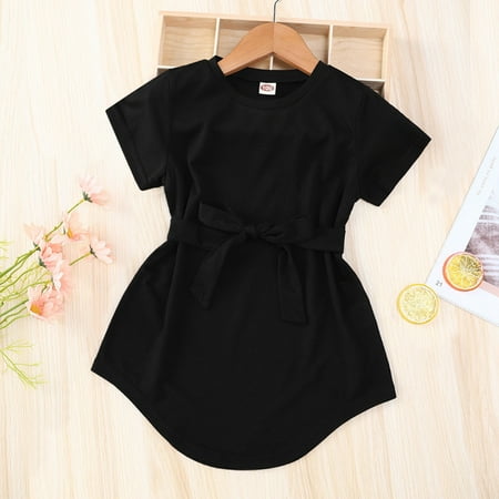 

Liliz Baby Girl Dress Round Neck Short Sleeve Solid Color Tie Up One Piece Skirt