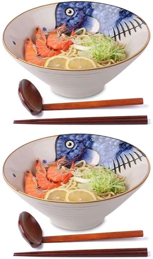Ceramic Japanese Ramen Noodle Soup Bowl 2 Sets 6 Piece 60 Ounce with Matching...