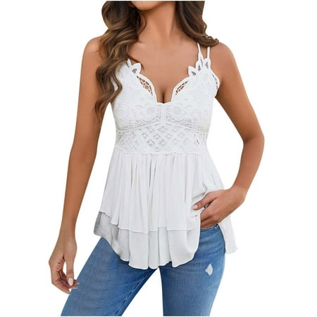 XFLWAM Lace Tank Tops for Women Summer Spaghetti Strap Babydoll Tops Cami V Neck Sleeveless Peplum Flowy Shirts