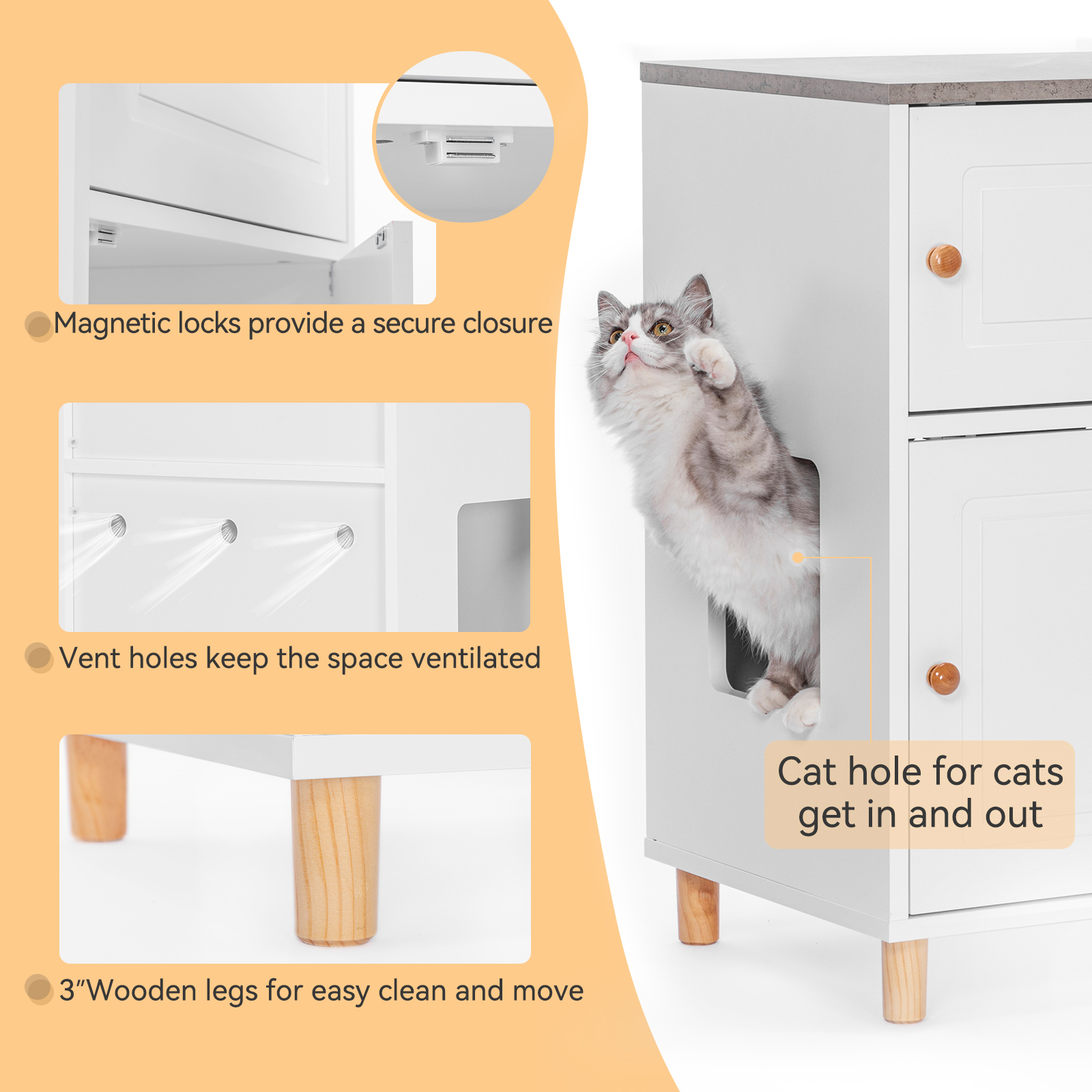 PETSFIT Cat Litter Box Enclosure, Odor-Free Design, Storage Cabinet, Easy-Clean, and Stylish Hidden Cat Litter Box Furniture White