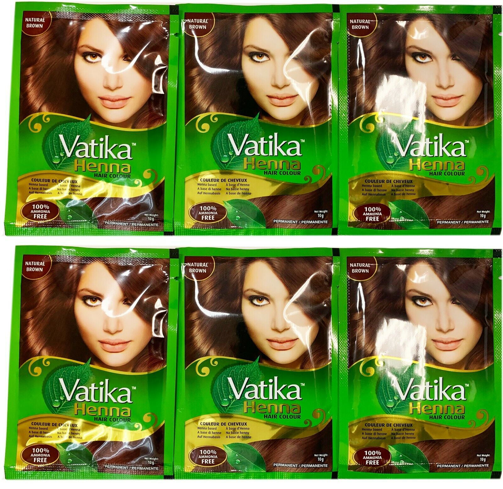 Quantity 6 Sachets 10g each NATURAL BROWN Vatika Henna Hair Color Dye Powder  