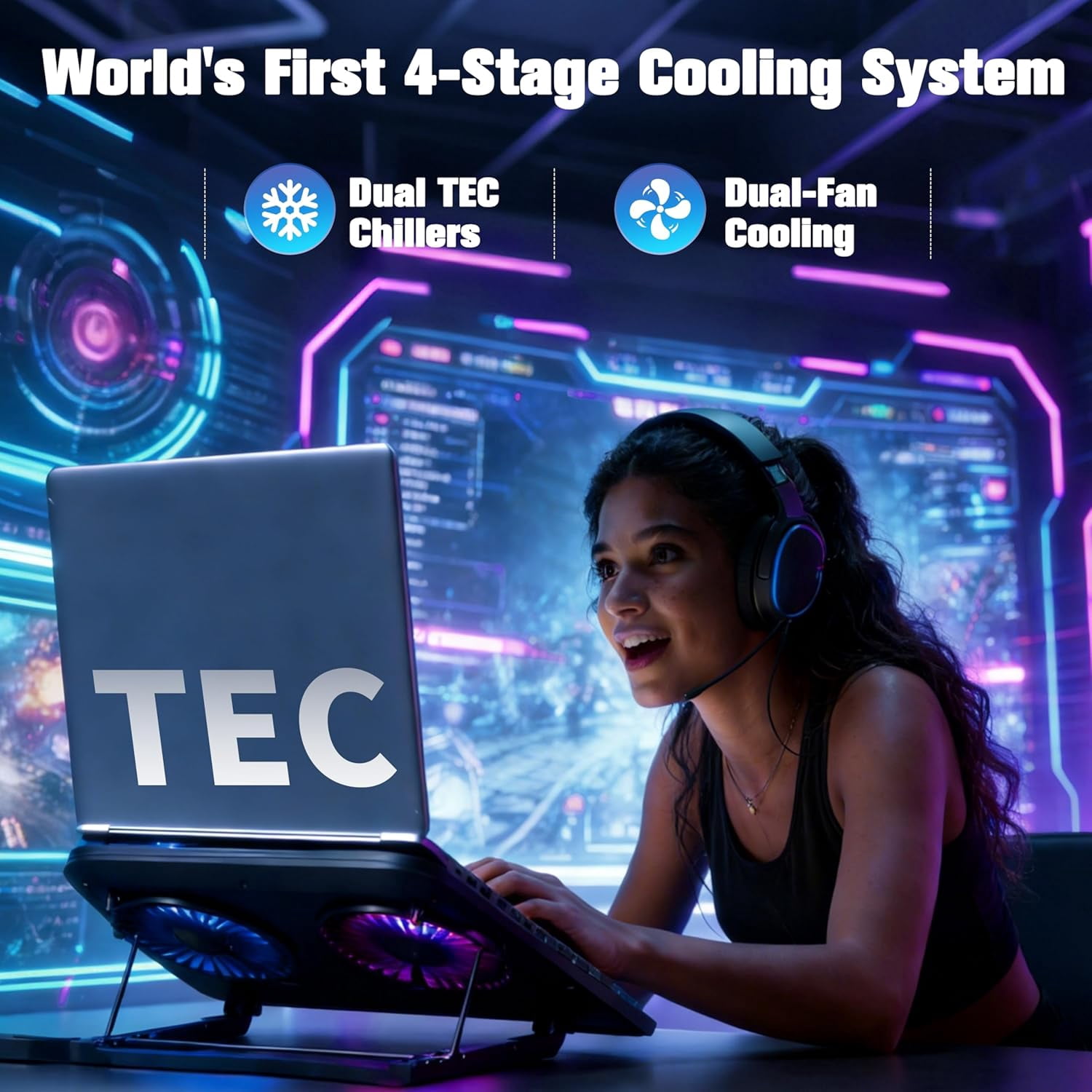 Dual-Core TEC Laptop Cooling Pad with Dual Stepless-Quiet Fans, 5-Height Adjustable Laptop Cooling Stand, 10-Level RGB for 13-17 Inch Laptops, Includes 15W Charger, Black