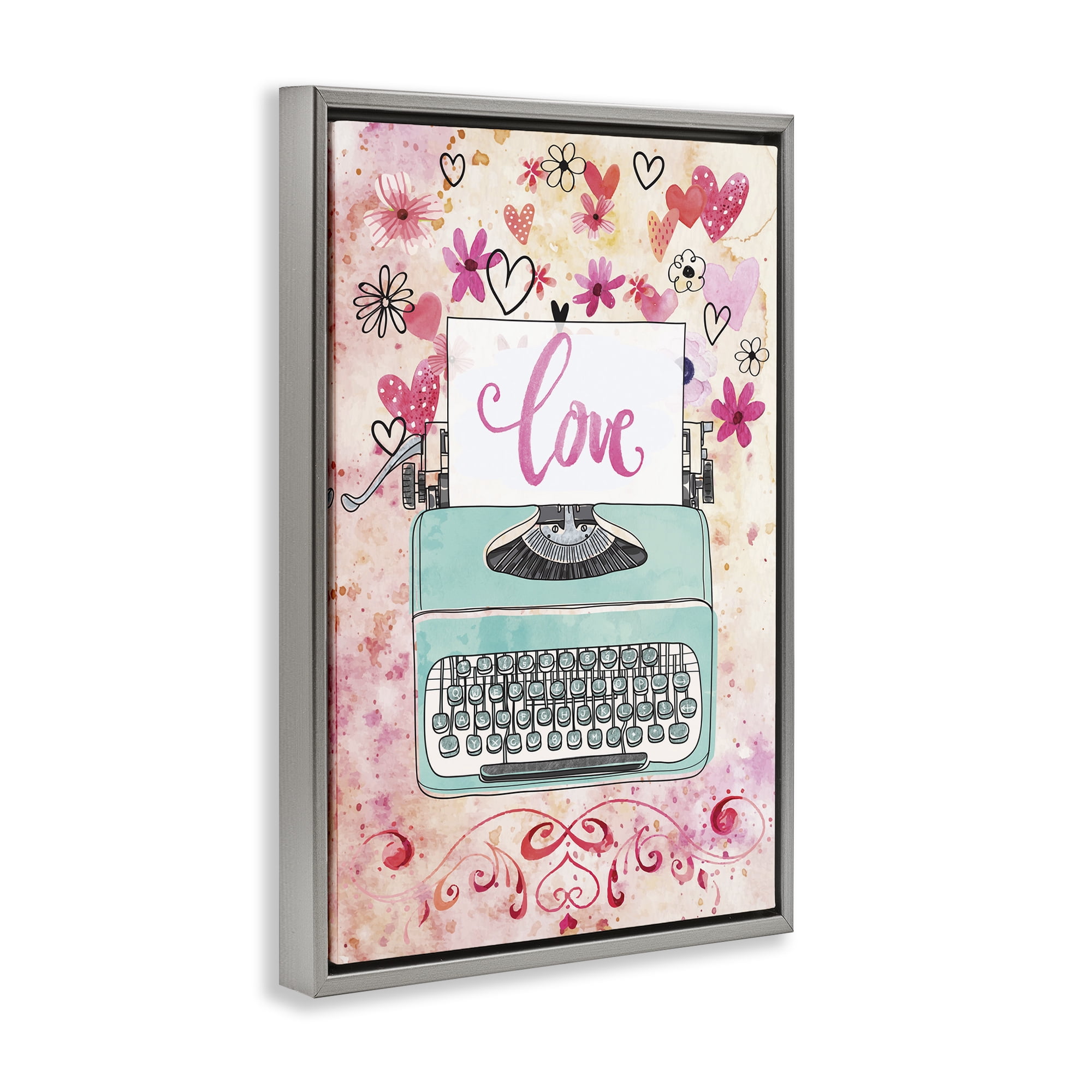 Stupell Industries Romantic Love Typewriter Typography Painting Gray Floater Framed Art Print Wall Art, 21 x 31
