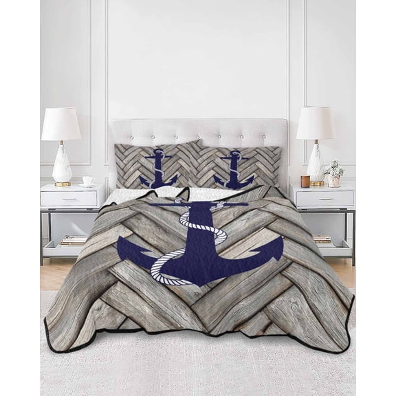 Quilts King Size, Nautical Anchor Soft Comforter Bedding Set for Bed, Summer Coastal Ocean Vintage Wood Lightweight Quilted Bedspread with Pillow Cover(2 Pieces) for All Season, 96x106 Inch