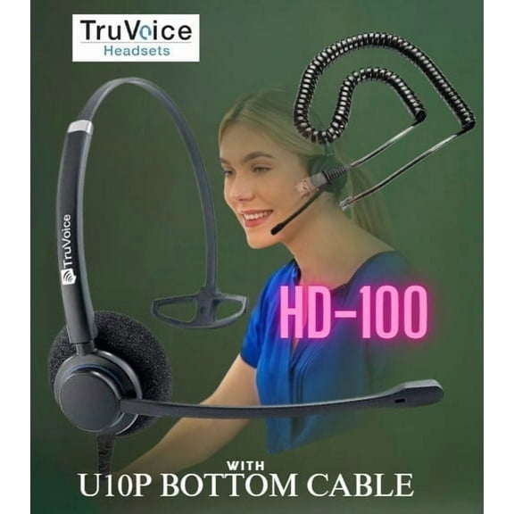 TruVoice HD-100 Professional Single Ear Noise canceling Microphone Headset with U10P Bottom cable Works with Mitel, Nortel, Avaya Digital, Polycom VVX, Shoretel, Aastra, Fanvil   Many More