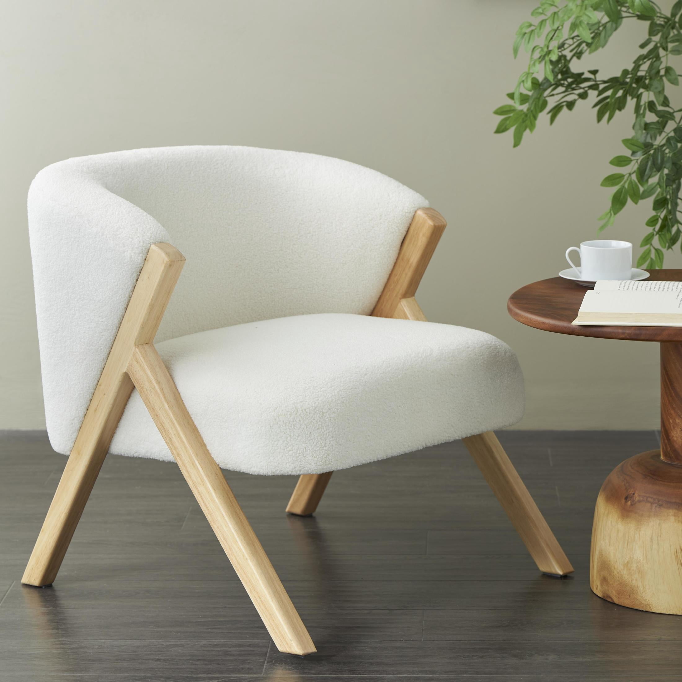 DecMode Polyester Rounded Boucle Lounge Chair with Angled Wooden Legs, White