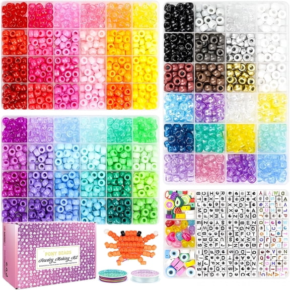 BESTSKY 2400Pcs Pony Beads 72 Colors 9Mm Friendship Bracelets Making Kit, Rainbow Beads Bulk Letter Beads for Name Bracelets Jewelry Making Crafts with Elastic String