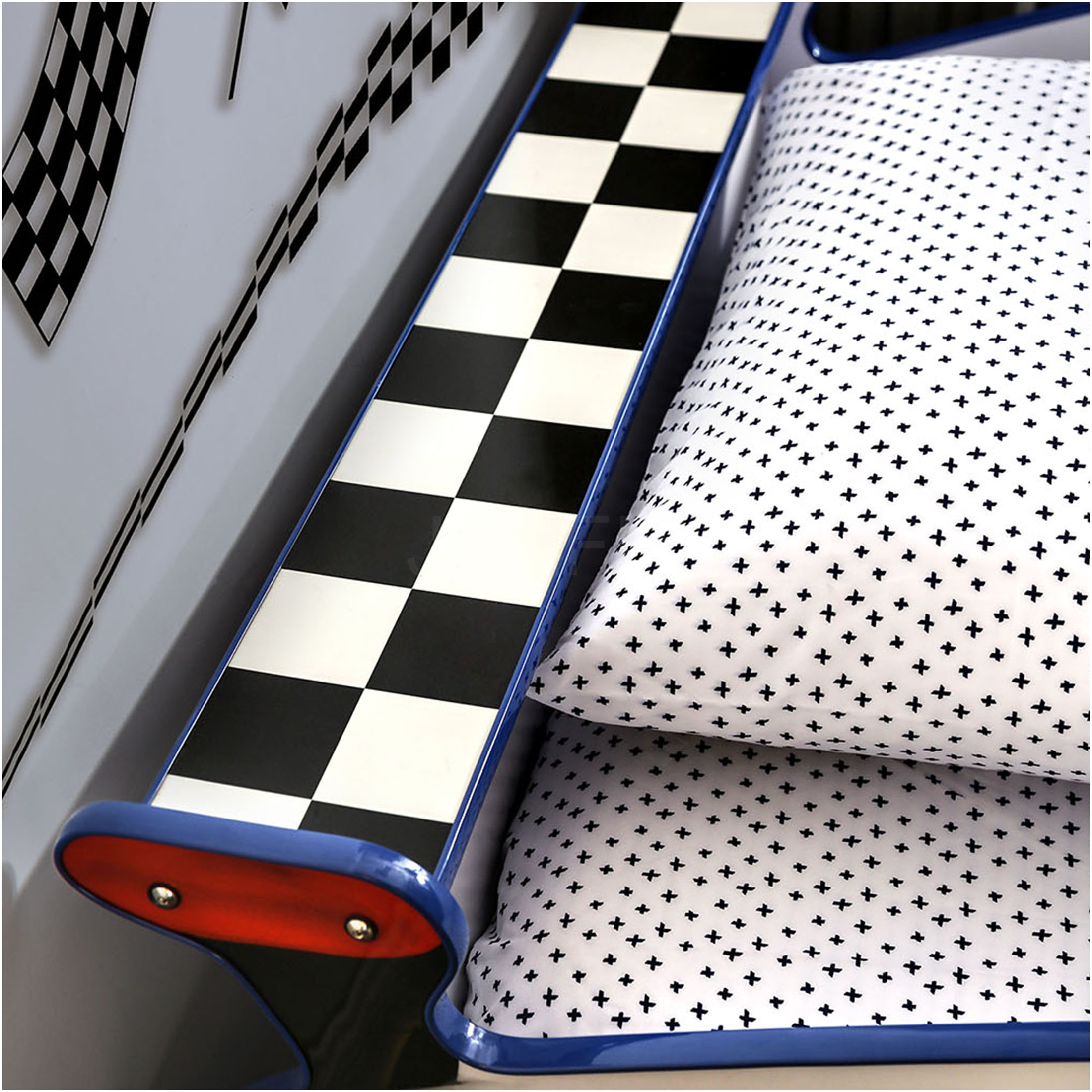 JERFIT Modern Police Car Twin Bed with LED Lights, High Gloss Finish Metal Frame Structure