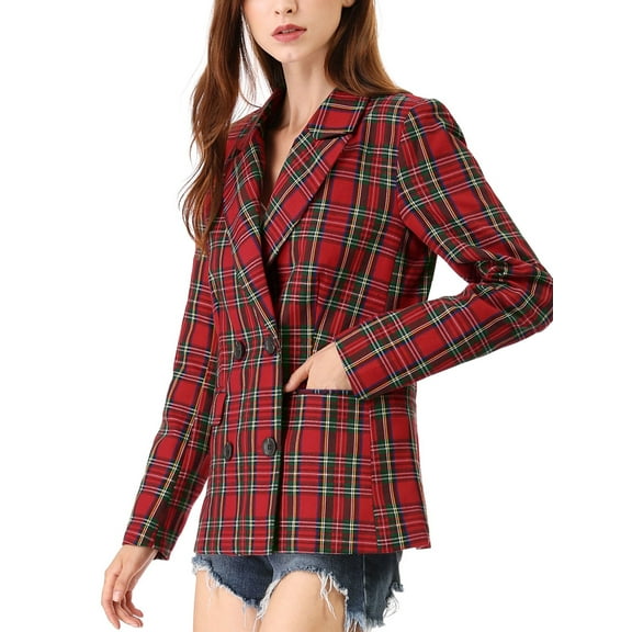 DARING DIVA Women's Plaid Notched Lapel Blazer Jacket XS Red Green